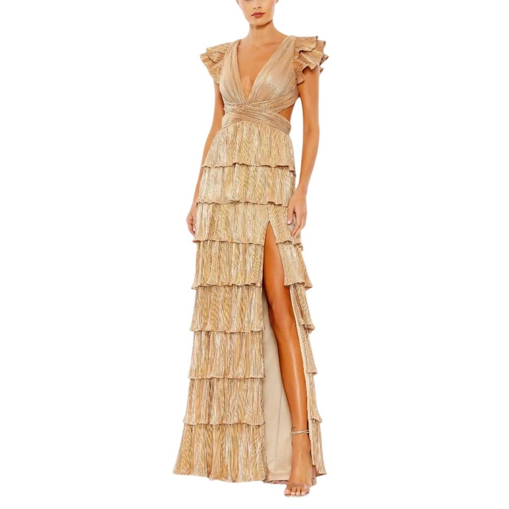 Mac Duggal 26740 Gold Evening Gown Pleated Metallic Backless Long Dress Size 12